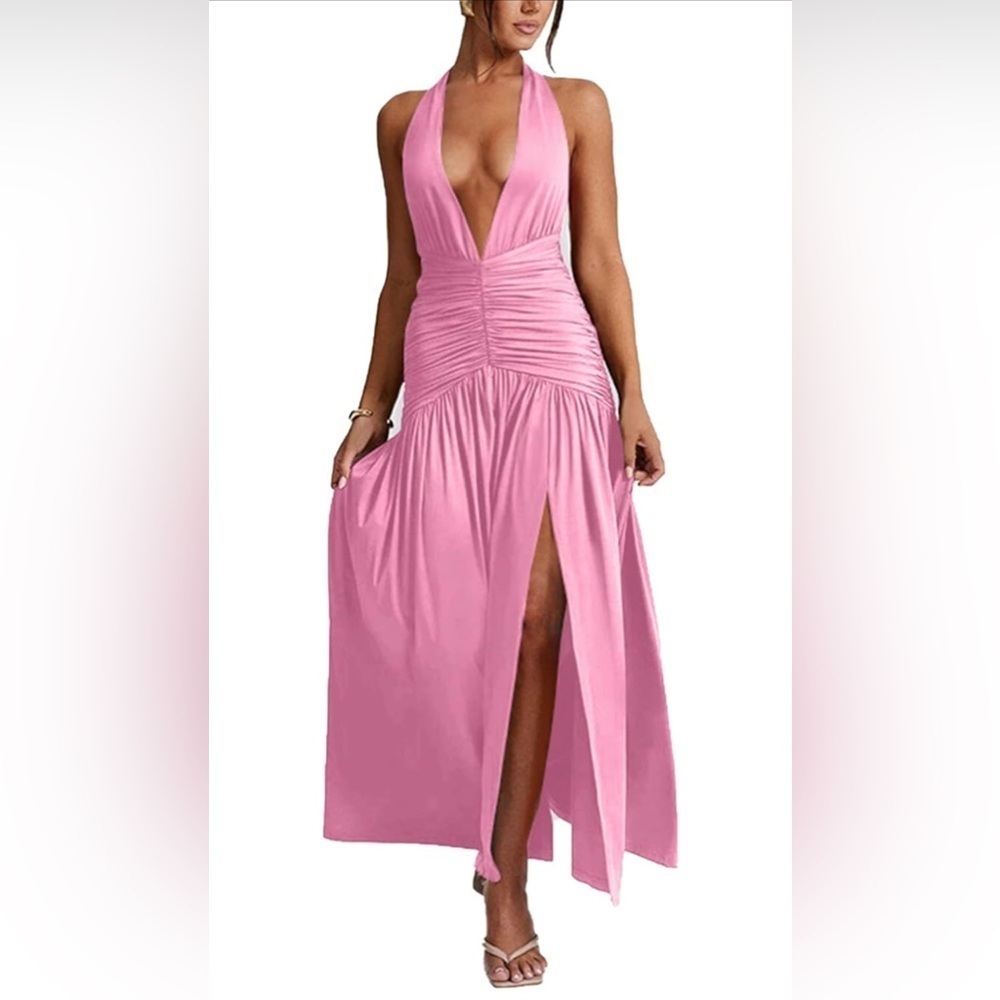 Ekaliy Women'sHalter Deep V Neck Maxi Backless High Slit Ruched Dress  XL NWT